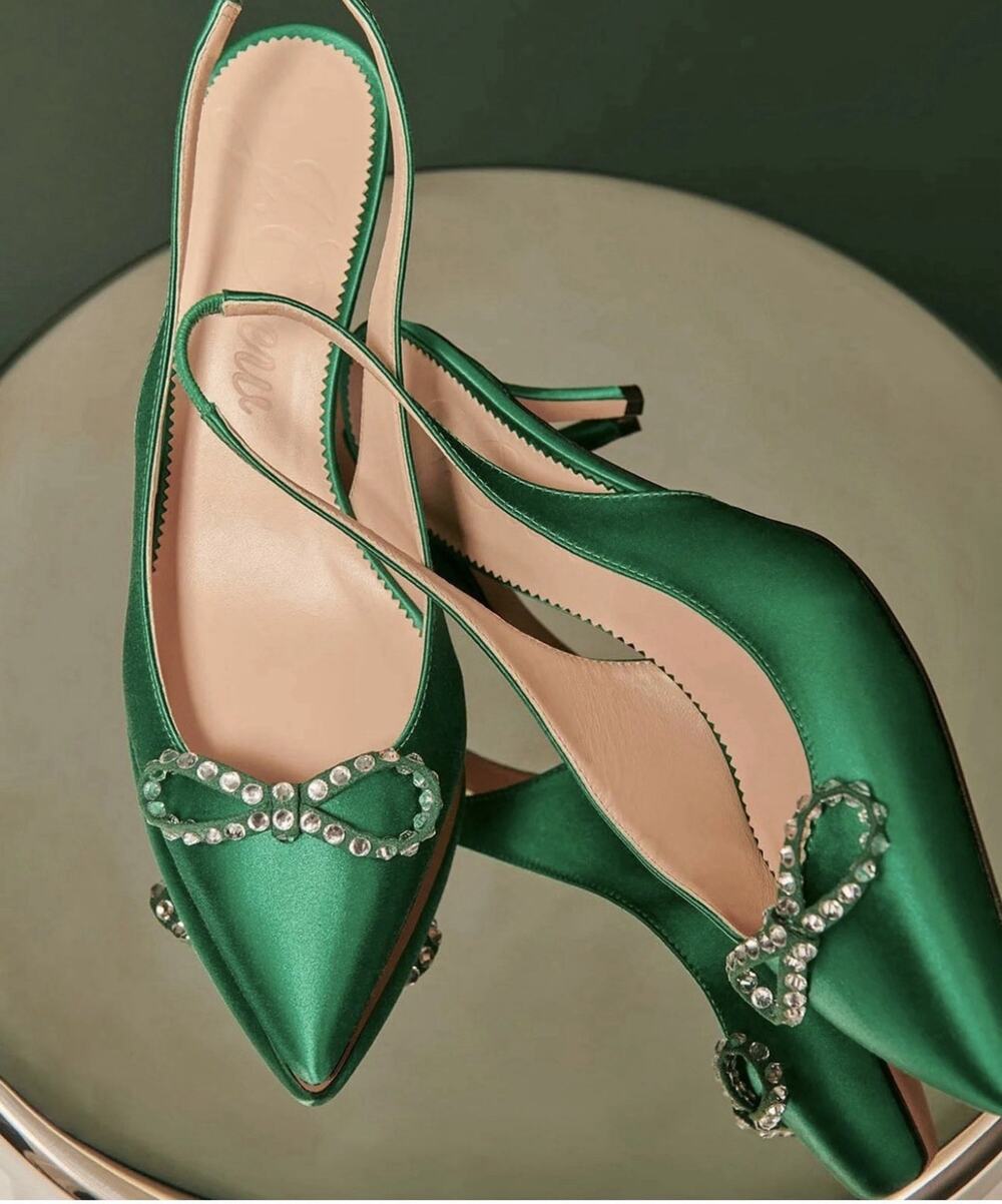 J. Crew Colette Jungle Green Slingback Pumps with Bow - Size 9